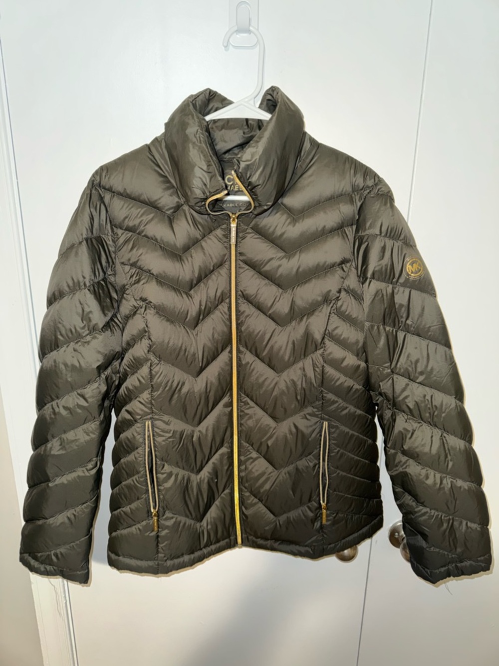 Michael Kors Olive Green Packable Down Jacket with Gold Logo